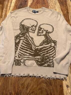 Broken Promises Skeleton Hug Distressed Knit Sweater - Tan/Brown Medium